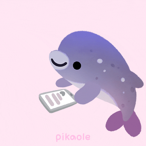 Kawaii gif. A happy dolphin pushes a heart button on a tablet. A text bubble with a heart on it rises from the tablet before breaking into three different hearts. 