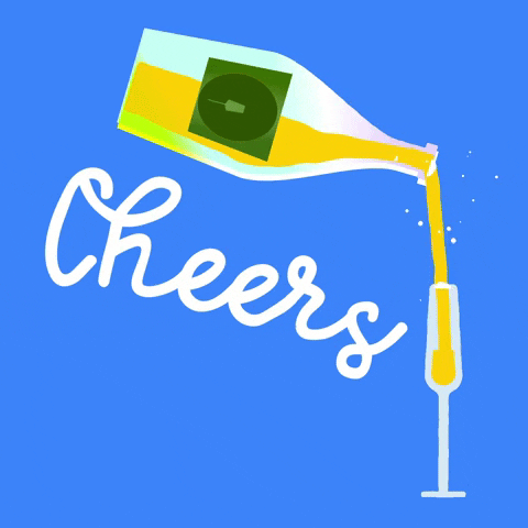 Pohyblivá animace s láhví šampaňského a nápisem Cheers na modrém pozadí.