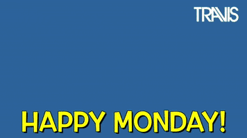 Video gif. Yellow-painted face of Neil Primrose from the band Travis rises up like the sun against a blue background. Text, "Happy monday!"