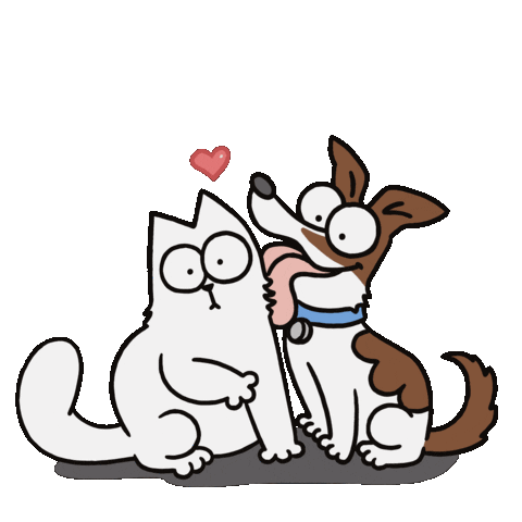 de un perro dándole un lenguetazo a un gato, ambos ilustrados con un estilo de caricatura con movimiento.