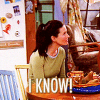 Friends gif. Seated at her dining table, Courteney Cox as Monica tilts her head back and shouts in frustration, then turns to the side and looks annoyed. Text, "I know!"