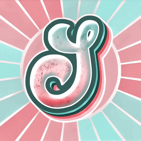 Text gif. A capital letter "S" is written in a cursive retro font bouncing up and down on a rotating pastel pink and blue sunburst background. The outline of the letter and the background gleam and sparkle for effect.