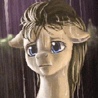 TV gif. A sad pony from "My Little Pony" looks with big, tragic blue eyes as rain pours down on its head. 