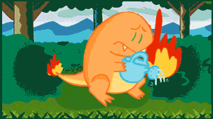 Illustrated gif. Orange dragon resembling Charizard in a forest, holding a watering can, going back and forth to put out fires set by his tail on the shrubbery.