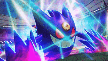 Pokémon gif. From Pokken Tournament: A Gengar gathers glowing purple energy into a sphere above it.