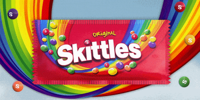 Ad gif. Bag of original skittles floats in front of a rainbow with pieces of skittles floating around it. The color fades away to the pride variant of skittles, where the whole bag is grey scale and says, “Only one rainbow matters during pride.”