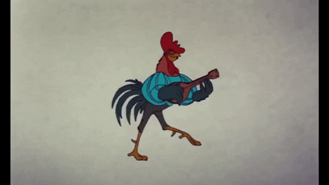 Gif of the Rooster from Disney's Robin Hood walking along playing his lute.