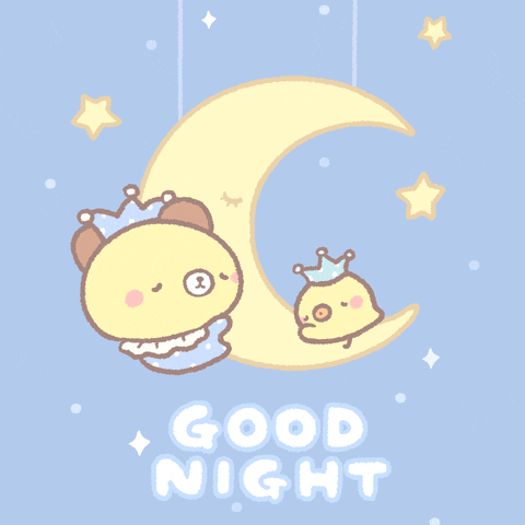 Digital art gif. A little bear in pajamas clings to a crescent moon while it’s sound asleep. A little yellow bird sleeps on the curve of the moon as stars twirl in the night sky. Text., “Good night”