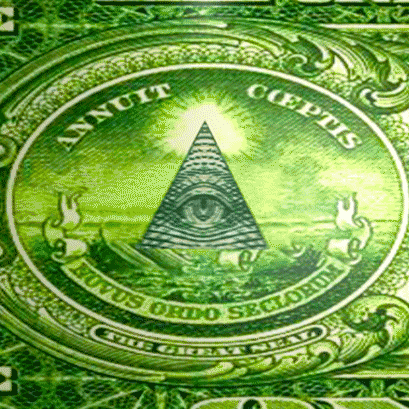 Digital art gif. A zoomed in shot of the triangle with an eye on the dollar. The triangle is the only thing moving in the gif, as it spins endlessly and spookily.