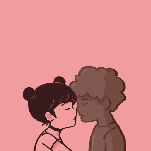 Illustrated gif. Girl closes her eyes and kisses a statue of a boy.