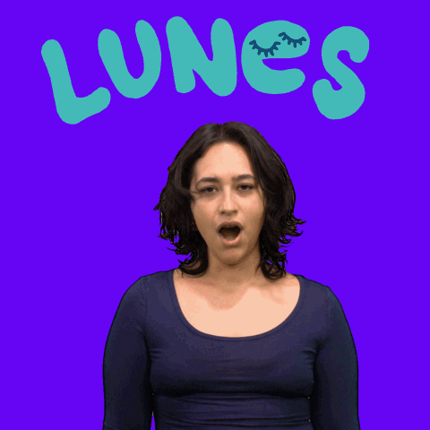 Video gif. Woman shrugs her shoulders with an exaggerated yawn in front of an indigo background. She looks up with a sad eyes and says, "Lunes," in Spanish, which appears as text.
