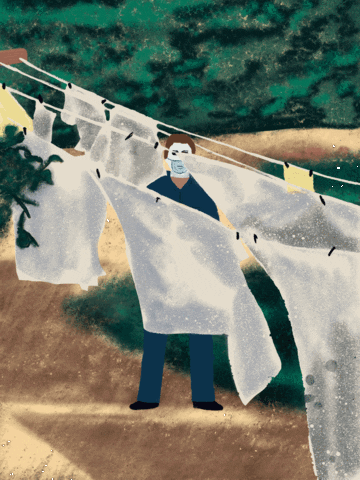 Illustrated gif. Michael Myers from Halloween stands behind white sheets on a clothesline. The sheets blow in the wind and he stares very still. A blue mask is drawn over his mouth. 