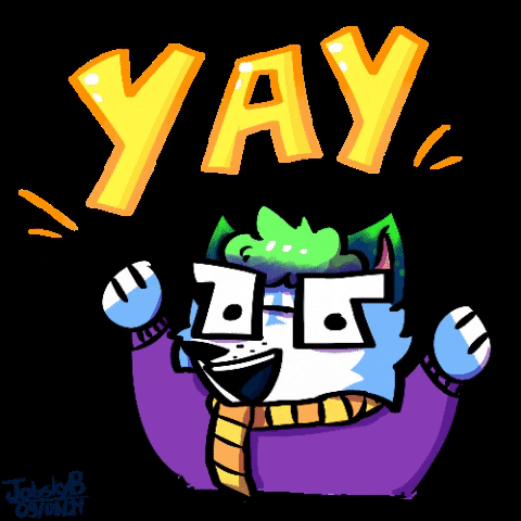 Illustrated gif. Wolf with green hair, glasses, purple sweater, and yellow scarf holds their paws up and smiles at us. Text, “Yay!”