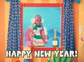 Video gif. A woman in a puppet show holds a champagne flute in one hand and a candy cane in the other. She clinks flutes with a friend and then pretends to chug it. Text, "Happy New Year!"