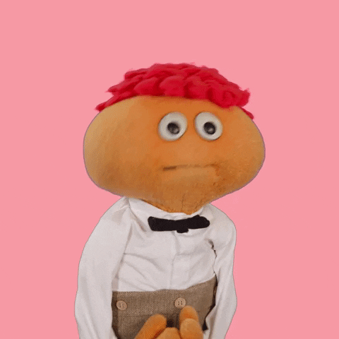 Video gif. Gerbert puppet brings his hand to his heart and then spreads his arm wide while saying, "beautiful," which appears as text, and the pink background explodes with a soft sparkly effect.