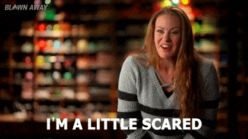 TV gif. An excited contestant on Blown Away smiles and says, “I'm a little scared.”