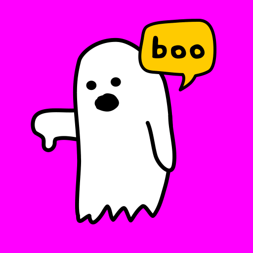 Illustrated gif. A ghost floating on a pink background giving a thumbs-down and saying "boo."