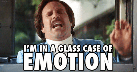 Image result for meme emotions, depicting a scene from Anchorman. Will Ferrell's character shouts, "I'm in a glass case of EMOTION!" while standing in a glass box.