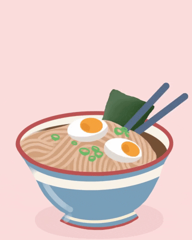 Kawaii gif. Chopsticks pulling up a bunch of ramen from a bowl with two halves of an egg, scallions, and nori.