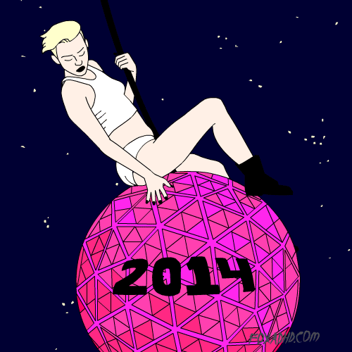 Digital art gif. Wearing a tank top and underwear, Miley Cyrus rides on top of a giant color-changing disco ball labeled “2014” against a starry sky.
