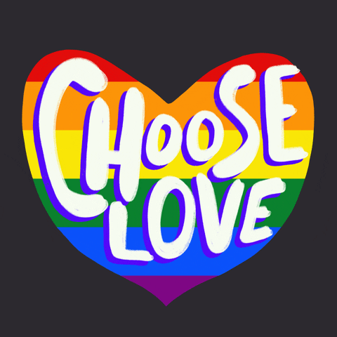 Digital art gif. Squishy, beating rainbow heart that reads "Choose love."