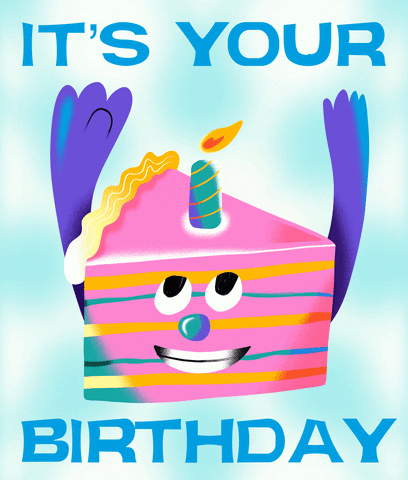 Digital illustration gif. Slice of pink cake with stripes of yellow and teal smiles happily and looks up towards a lit candle on top of its head. The cake is waving its purple-blue arms above its head as the flame dances in the breeze. Text, "It's Your Birthday."