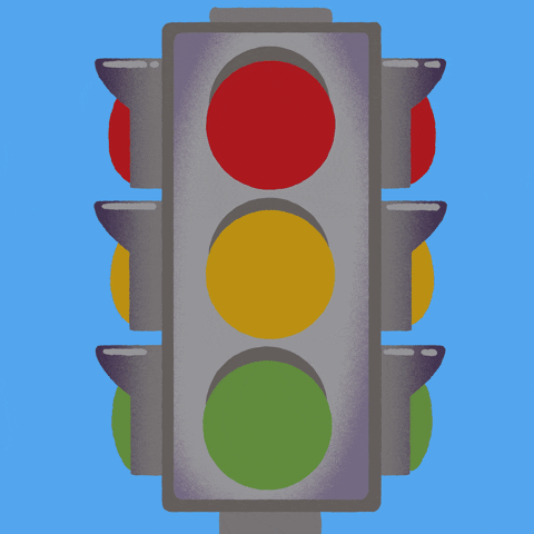 Text gif. Stoplight lighting up red, "Controlling behavior," yellow, "Thinking no means maybe," green, "healthy dialogue" against a sky blue background.