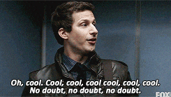 TV gif. Andy Samberg as Jake Peralta on Brooklyn Nine-Nine stands in an elevator. He looks at someone and looks away awkwardly as he says, “Oh, cool. Cool, cool, cool, cool, cool, cool. No, doubt, no doubt, no doubt.”