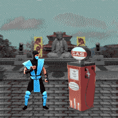Video game gif. Sub-Zero from Mortal Kombat, in the Temple arena, faces off against a gas pump, under the message, "Finish him."