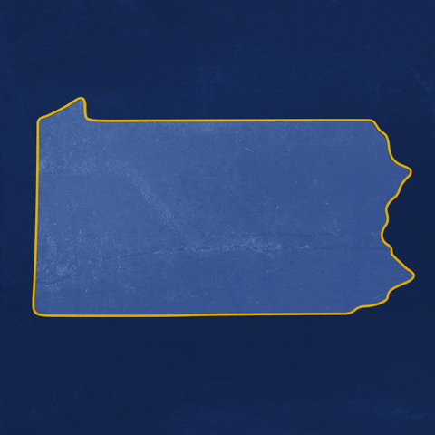 Digital art gif. Denim-blue graphic of Pennsylvania on a bold blue background, yellow message within. Text, in Spanish, "Protega, nuestras, libertades, Vote Fetterman."