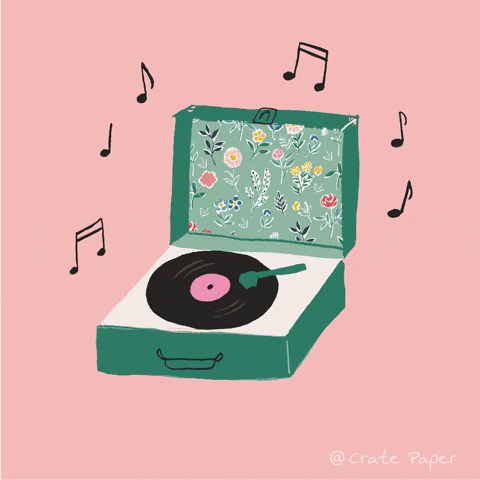 An animated gif illustration showing a vintage record player with a record spinning and musical notes coming out of it. The record player is one of those suitcase ones, it's green and the inside is lined with a flowery pattern. The background to the whole thing is pink.