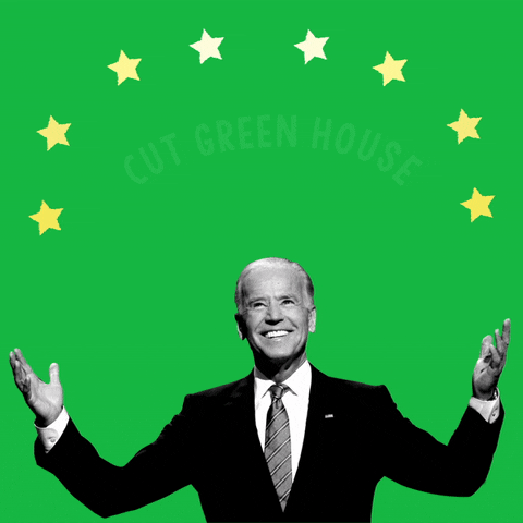 Photo gif. Black and white photo of President Biden smiling and holding his arms out over a green background. Below eight spinning gold stars reads the message, “Cut greenhouse gasses by 40% by 2030.”