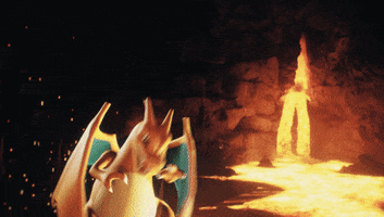 Pokemon gif. Charizard opens his wings and mouth, shooting out fiery breath.
