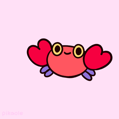 Kawaii gif. A crab touches its claws together and pink hearts bubble out in a flurry. 