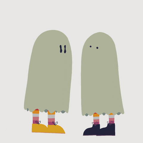Illustrated gif. Two people in striped socks and ghost costumes lean in for a kiss.