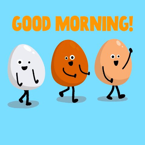 Digital illustration gif. Three eggs with different colored shells in brown, white, and tan against a bright blue background. They're all doing a coordinated happy dance in place. Text, "Good morning!'