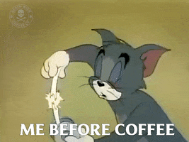 Cartoon gif. Tired and dazed-looking Tom from Tom and Jerry slaps tape to his eyelids and sticks it to the top of his head. Text, "Me before coffee."