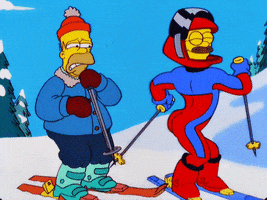The Simpsons gif. Homer and Ned Flanders both wear snow gear and skis. Homer shields his eyes as Ned wiggles his butt proudly in his tight ski suit.