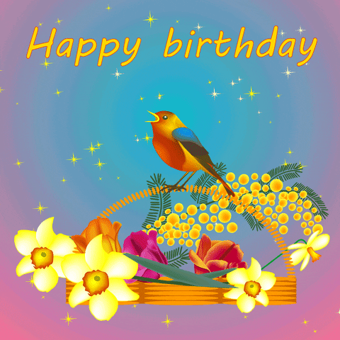 Digital art gif. A bird coos on a basket of flowers and sparkles light up all around them. Text, "Happy Birthday."