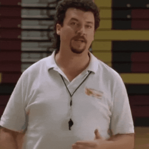 Text gif. Danny McBride as Kenny Powers in Eastbound & Down slides hand across hand, making it rain the words "Clean, energy, rebates, y'all."