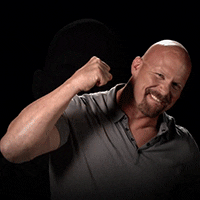 Celebrity gif. Steve Austin looks at us with a big grin, moves his arm towards us to give us a big thumbs up, and then fades away.