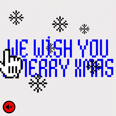 Text gif. Pixelated snowflakes fall slowly as a cursor hand scrolls over a message that reads, “We wish You a Merry Xmas and a Happy New Year.”