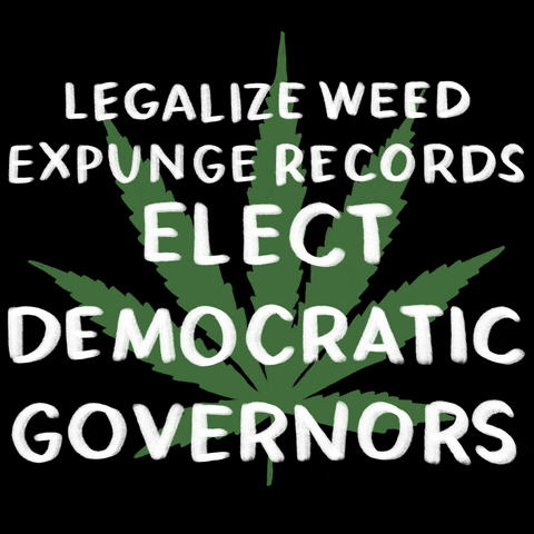Digital art gif. Green marijuana leaf on a black background with a message in white marker font, "Legalize weed, expunge records, Elect democratic governors."