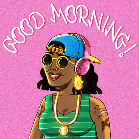 Illustrated gif. Hip young woman decked out in sunglasses, Hamsa earrings, and a backward cap headbangs to music in her headphones on a bubblegum pink background. Text, "Good morning."