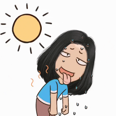 Illustrated gif. Leaning over under the sun, a girl looks momentarily calm but then suddenly looks exhausted and in pain from a heat wave, as sweat drips frantically from her head.
