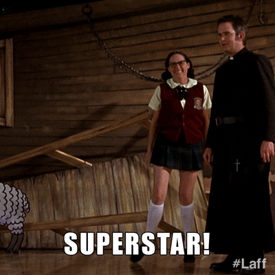 An animated gif video clip from the movie Superstar. Molly Shannon is dressed in a school uniform, jumps into a lunge, and says "superstar!"