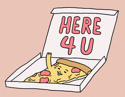 Cartoon gif. Slice of pepperoni pizza with a face plastered onto the cheese waves cheerily from an open pizza box. Inside the lid, large pink text reads, "Here 4 U."