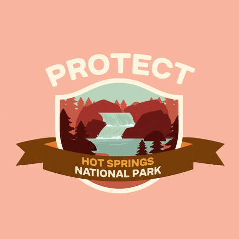 Digital art gif. Inside a shield insignia is a cartoon image of a waterfall flowing over several large boulders into a pristine blue lake. Text above the shield reads, "protect." Text inside a ribbon overlaid over the shield reads, "Hot Springs National Park," all against a pale pink backdrop.