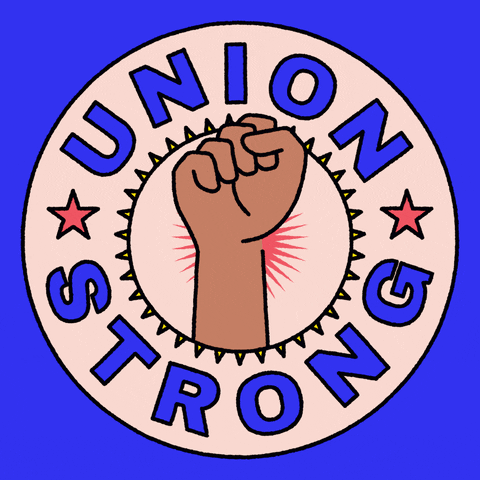 Digital art gif. Illustration of a pink circle, inside of which a fists pumps toward the sky in protest. Blue text around the outer border of the circle reads, "Union strong," everything against a dark blue background.