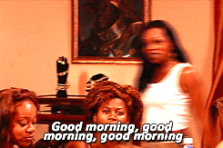 Reality TV gif. Tiffany Pollard from I Love New York walks around a table of women and smiles at them while pointing and saying, "Good morning, good morning, good morning."
